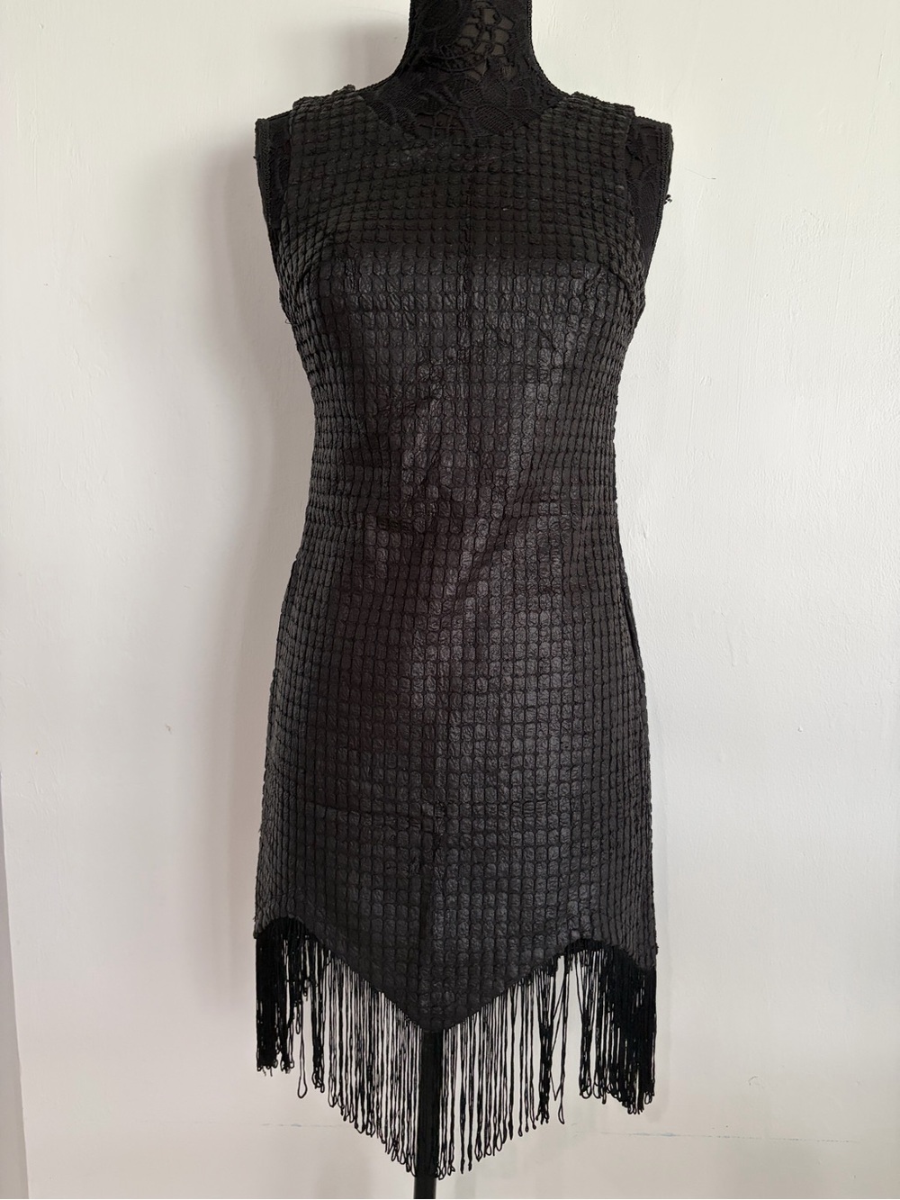 Design Lab Lord & Taylor Black Textured Fringe Mini Dress